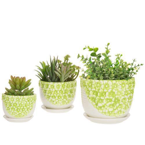 Set of 3 Green & White Flower Ceramic Planter w/Saucers - MyGift