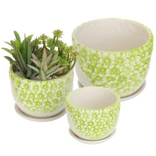 Set of 3 Green & White Flower Ceramic Planter w/Saucers - MyGift