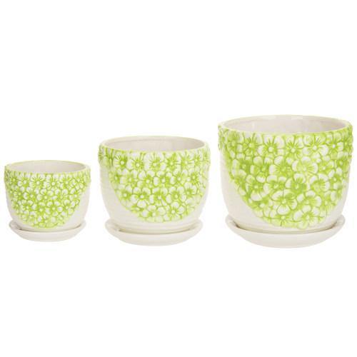 Set of 3 Green & White Flower Ceramic Planter w/Saucers - MyGift