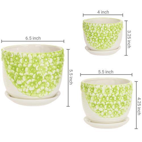 Set of 3 Green & White Flower Ceramic Planter w/Saucers - MyGift