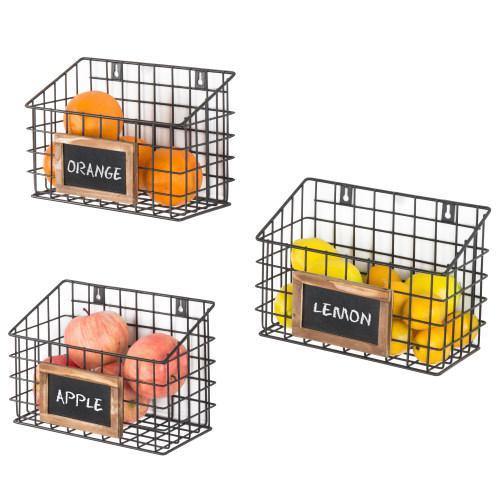 Set of 3 Wall-Mounted Rustic Wire Storage Baskets w/Chalkboard Labels - MyGift