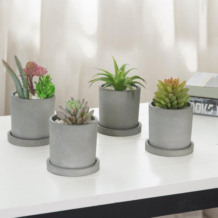 Set of 4 Round Cement Succulent Planters