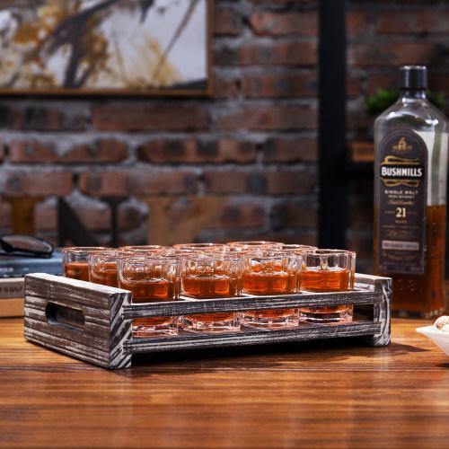 Shot Glass Server Tray with Rustic Torched Wood - MyGift