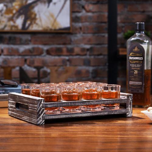 Shot Glass Server Tray with Rustic Torched Wood