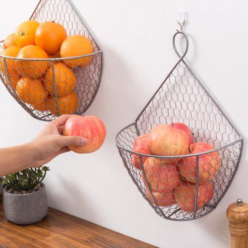 Silver Metal Chicken Wire Hanging Produce Baskets, Set of 2 - MyGift