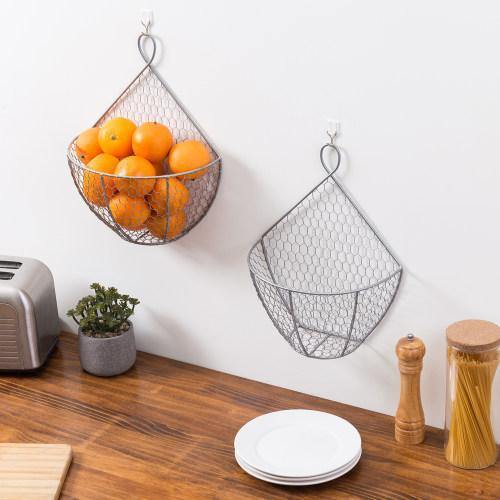 Silver Metal Chicken Wire Hanging Produce Baskets, Set of 2