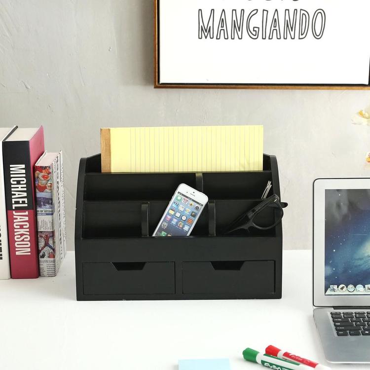 6 Compartment Modern Wood Desktop Organizer with 2 Drawers, Black - MyGift Enterprise LLC