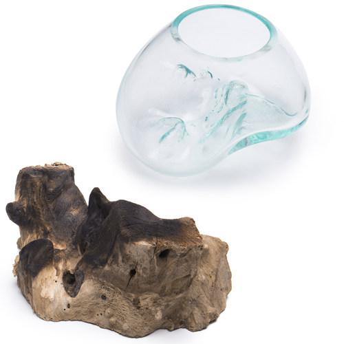 Small Natural Driftwood & Clear Molten Glass Bowl - MyGift