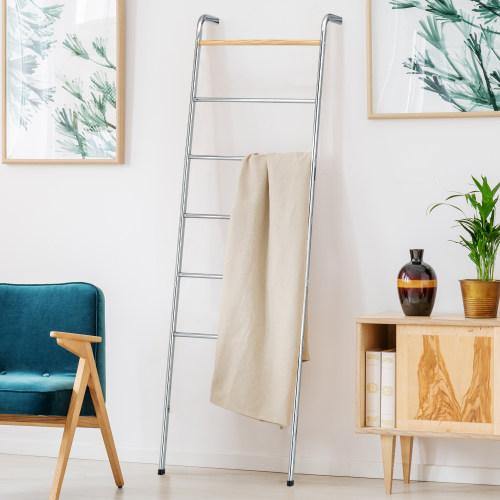 Chrome Plated Steel Towel Ladder with Wood Accent