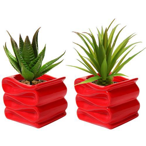 red planter indoor Small Red Modern Folded Design Ceramic Planter, Set of 2
