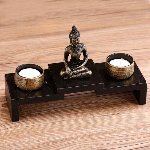 Mini Buddha Statue w/ Wood Base and 2 Tealight Holders - MyGift