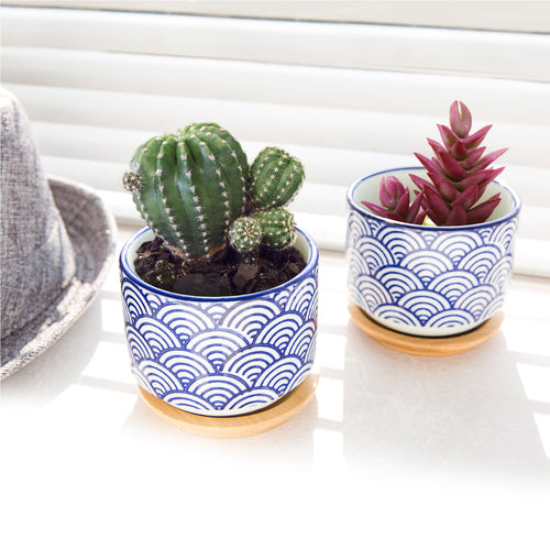 Japanese Style White & Blue Ceramic Planter w/ Bamboo Tray, Set of 2