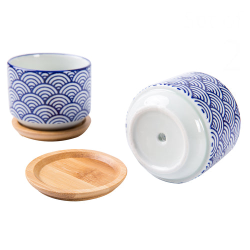 Japanese Style White & Blue Ceramic Planter w/ Bamboo Tray, Set of 2-MyGift