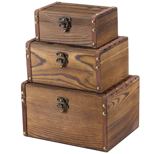 MyGift Set of 3 Rustic Brown Wood Decorative Nesting Storage Boxes, Jewelry and Trinket Wooden Chests with Latch