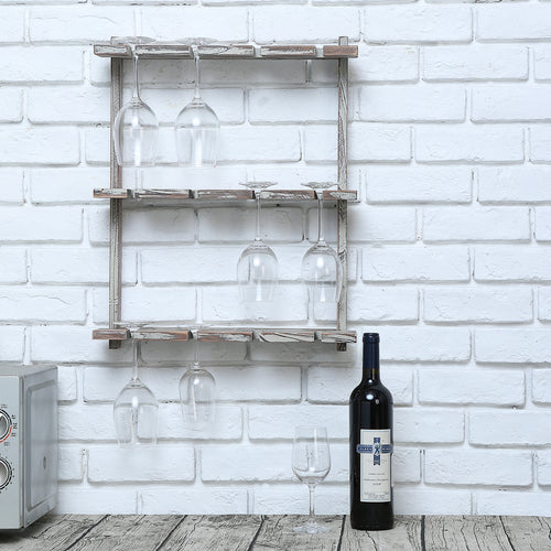 Brown Barnwood Wood Wall-Mounted 12 Wine Glass Holder Rack