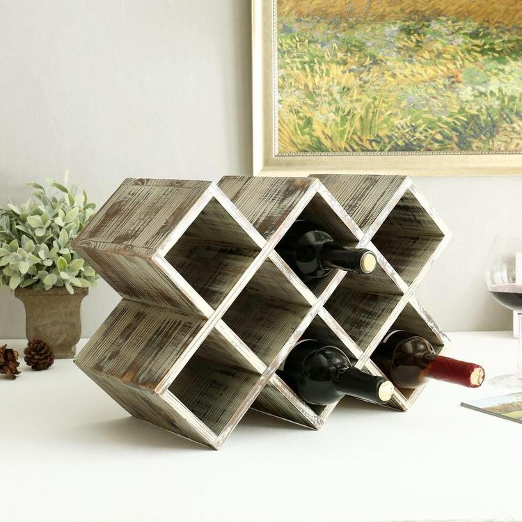 Geometric 8-Bottle Countertop Rustic Torched Wood Wine Rack - MyGift Enterprise LLC