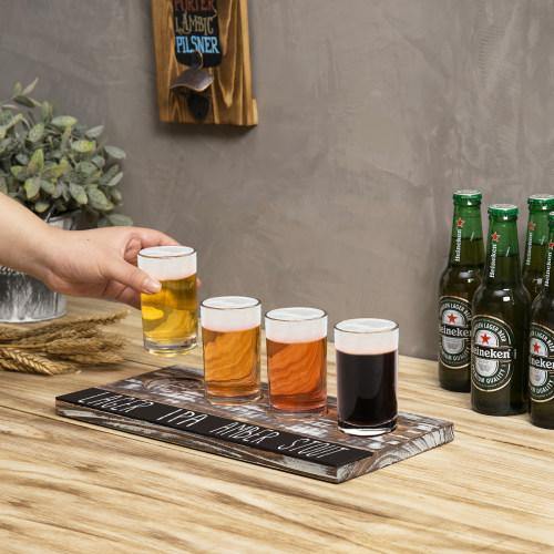 Torched Wood Beer Flight Tray with 4 Glasses & Chalkboard Panel - MyGift