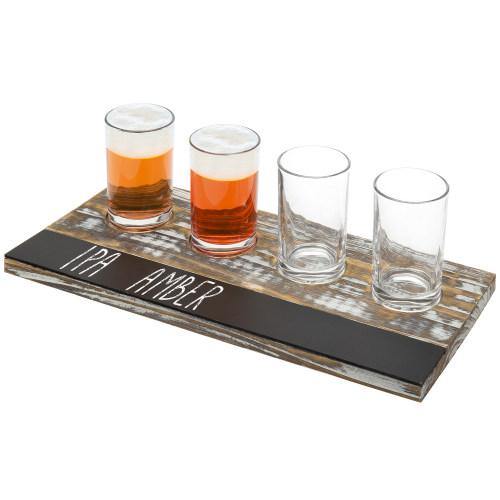 Torched Wood Beer Flight Tray with 4 Glasses & Chalkboard Panel - MyGift