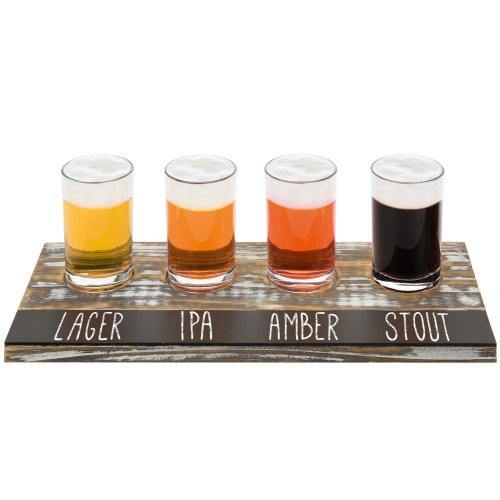 Torched Wood Beer Flight Tray with 4 Glasses & Chalkboard Panel - MyGift