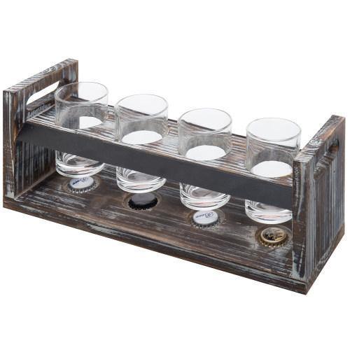 Torched Wood Beer Flight Tray with Chalkboard, 4 Glasses and Bottle Cap Holder - MyGift