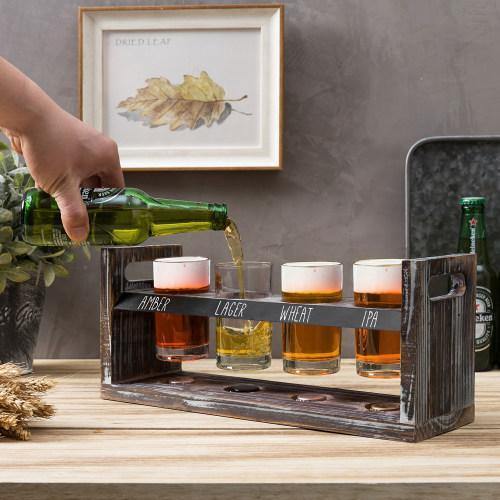 Torched Wood Beer Flight Tray with Chalkboard, 4 Glasses and Bottle Cap Holder