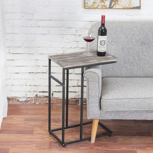 Torched Wood & Black Metal C-Shape End Table