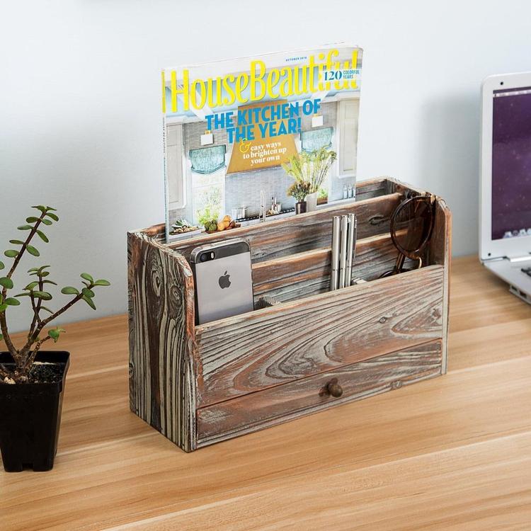 Torched Wood Desktop Office Supplies / Document Organizer Rack, Brown - MyGift Enterprise LLC