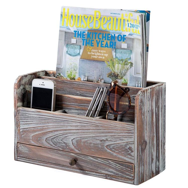 Torched Wood Desktop Office Supplies / Document Organizer Rack, Brown - MyGift Enterprise LLC