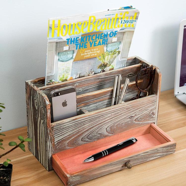 Torched Wood Desktop Office Supplies / Document Organizer Rack, Brown - MyGift Enterprise LLC