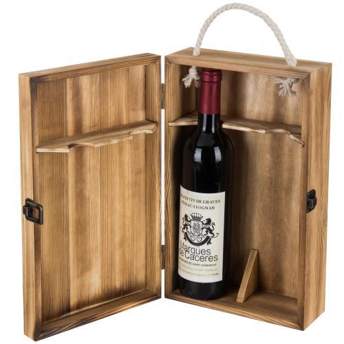 Dark Torched Wood Double Bottle Wine Case, Top Handle Hinged Lid Carrier, Brown - MyGift Enterprise LLC