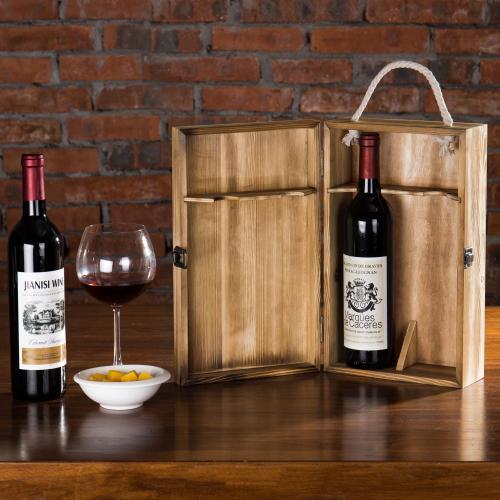Torched Wood Double Bottle Wine Lid Carrier