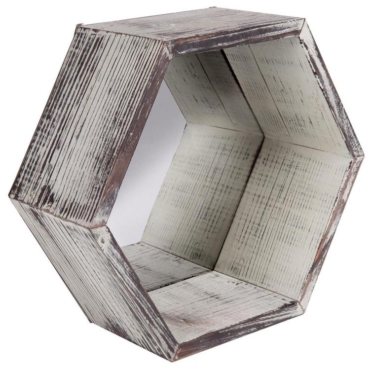 Torched Wood Hexagon Wall Mounted Floating Shelves w/ Mirrored Backing, Set of 3 - MyGift Enterprise LLC