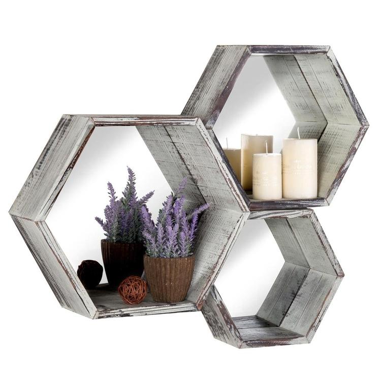 Torched Wood Hexagon Floating Shelves w/ Mirrored Backing, Set of 3