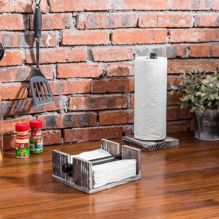 Torched Wood / Industrial Metal Pipe Paper Towel Dispenser & Napkin Holder Set