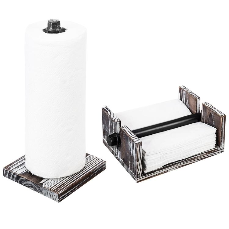 Torched Wood / Industrial Metal Pipe Paper Towel Dispenser & Napkin Holder Set