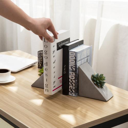 Triangular Concrete Bookends with Decorative Artificial Succulent Plant, 1 Pair