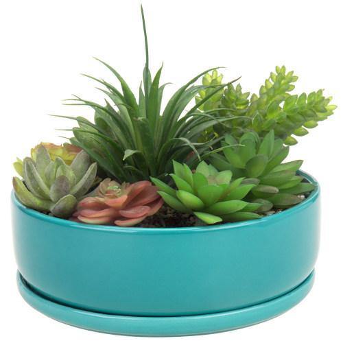 Turquoise Ceramic Succulent Planter with Removable Saucer - MyGift