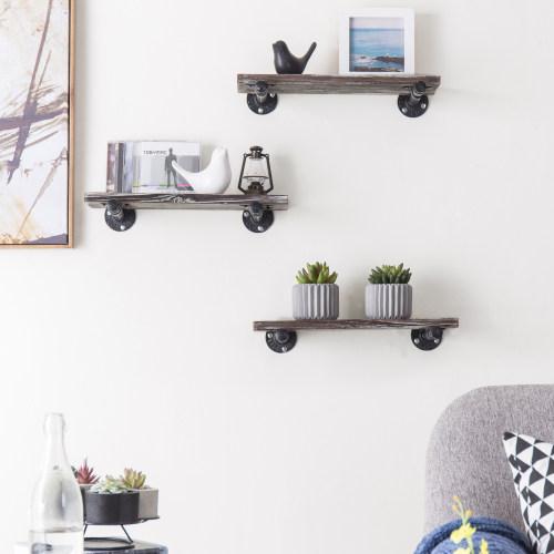 Urban Rustic Wall-Mounted Torched Wood Floating Shelves, Set of 3