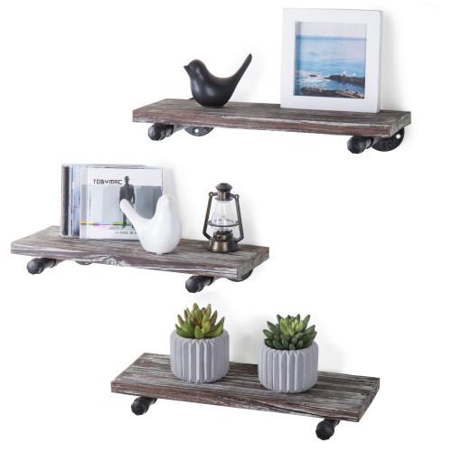 Urban Rustic Wall-Mounted Torched Wood Floating Shelves, Set of 3