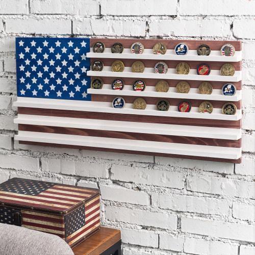 Vintage American Flag Solid Wood Challenge Coin Display