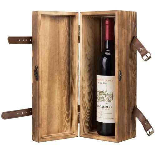 MyGift Rustic Burnt Solid Wood Single Wine Bottle Gift Box With Translucent Black Acrylic Window Decorative Wine Collector Storage Case With Metal Latch Closure