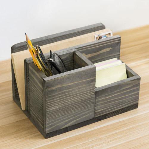 Vintage Gray Solid Wood Remote Control/Office Supply Organizer