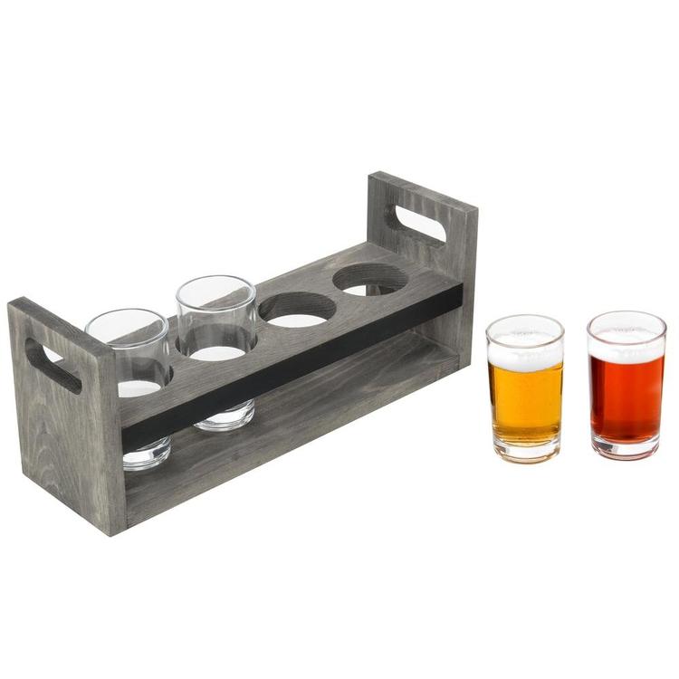 Vintage Gray Wood Beer Flight  5-Pc Tasting Set with Chalkboard Panels & 4 Tasting Glasses - MyGift Enterprise LLC