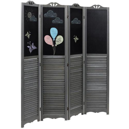 Vintage Gray Wood Louvered Room Divider with Chalkboard Panels - MyGift