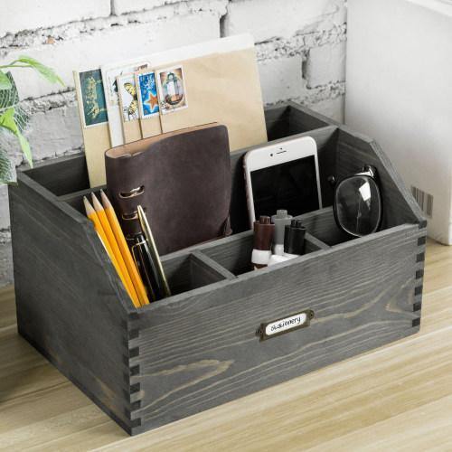 Gray Wood Office Supplies Organizer w/ Antique Metal Label – MyGift