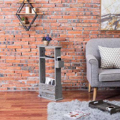 Vintage Gray Wood Side Table with Magazine Holder