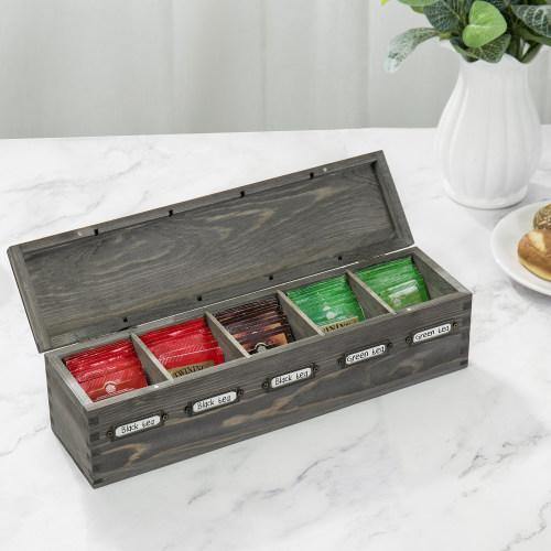 Vintage Gray Wood Tea Bag Organizer Box with Label Holders