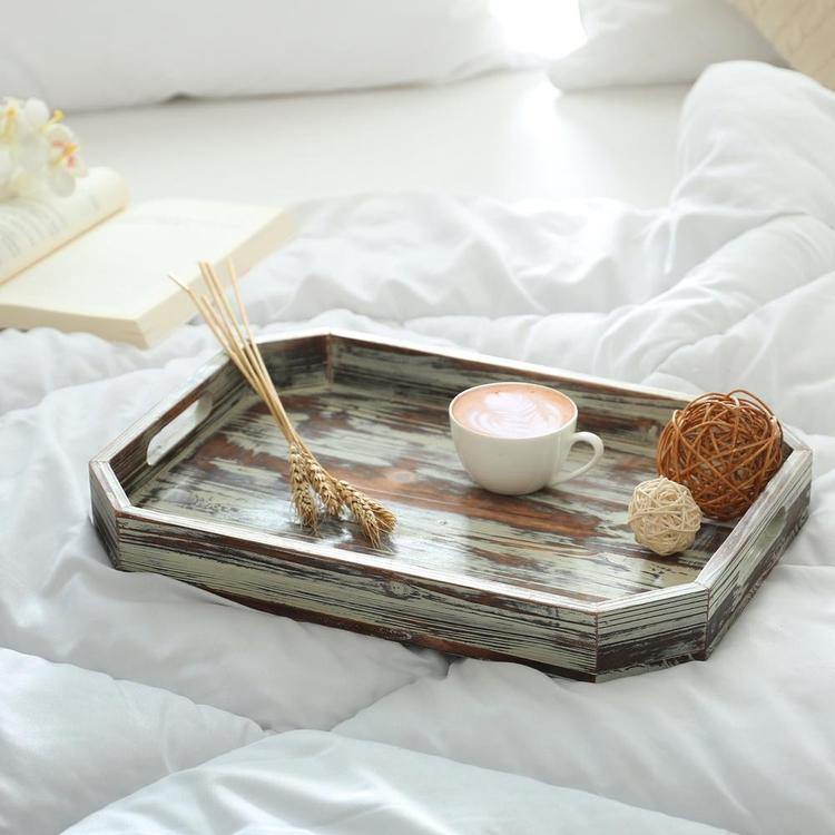 Vintage Inspired Torched Wood Serving Tray with Angled Edges - MyGift