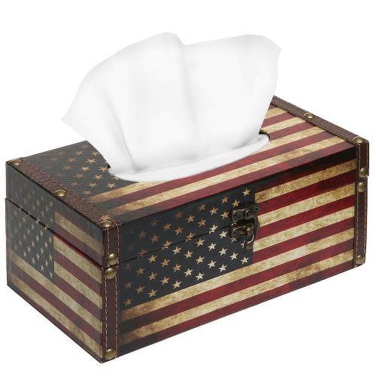Vintage Patriotic American Flag Design Hinged Refillable Tissue Box Holder Cover