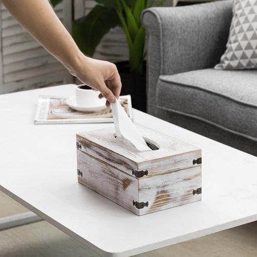 Vintage Tissue Box Holder, Whitewashed Wood